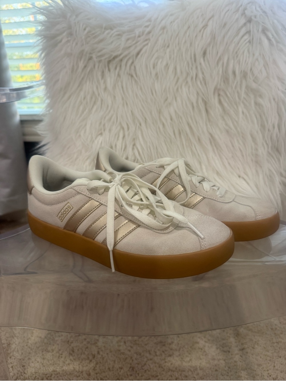 adidas Women’s Court 3.0 Cream Suede Sneakers with Gum Sole